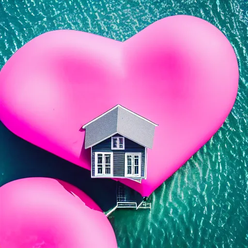 Prompt: a 5 0 mm lens photograph of a cute pink floating modern house, floating up by a singular heart shaped vibrant tiny ballon from above the house, inspired by the movie up. mist, playful composition canon, nikon, award winning, photo of the year