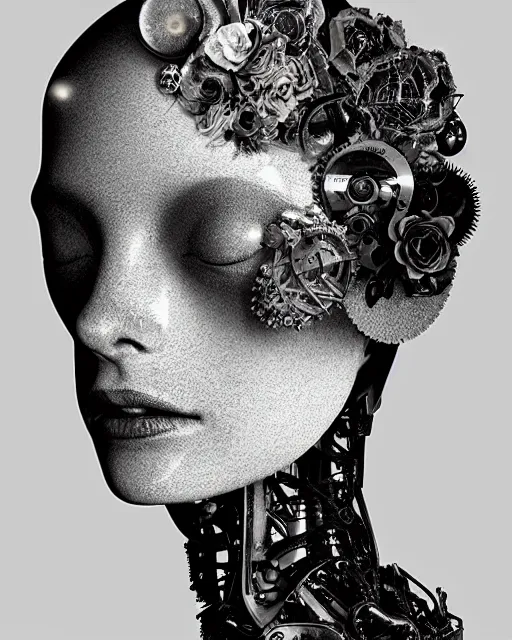 Image similar to black and white dreamy foggy smoky profile face portrait, one silver steampunk eye biomechanical beautiful young female cyclope - cyborg - robot bust, body ribs meshes,, volumetric light, hibiscus flowers, by hg giger, rim light, by dora maar and cecile beaton, big gothic fashion pearl embroidered collar, 8 k