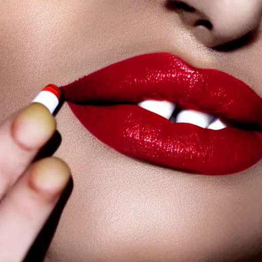 Prompt: woman smoking a cigarette, cigarette smoking, smoking, ( red lipstick ), lips on cigarette, puckering, smoke, close up