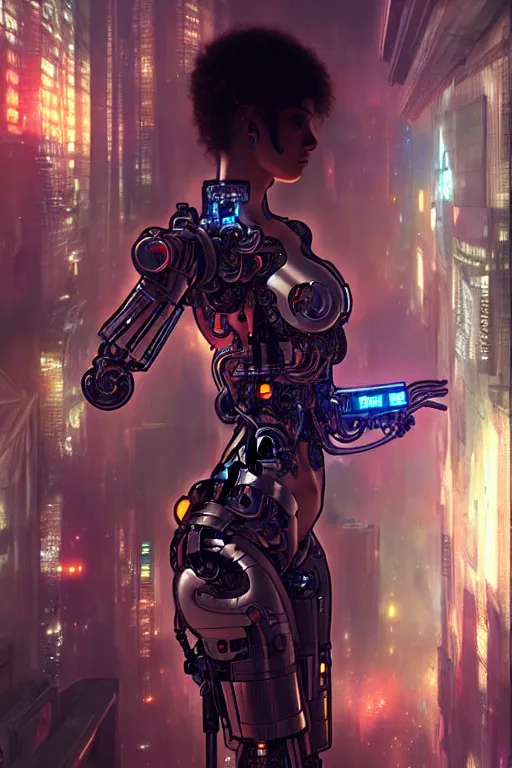 Image similar to ultra realistic, beautiful female cyborg in a crowded smoky cyberpunk club in space megalopolis, sci-fi, intricate details, eerie, highly detailed, octane render, 8k, art by artgerm and alphonse mucha and greg rutkowski