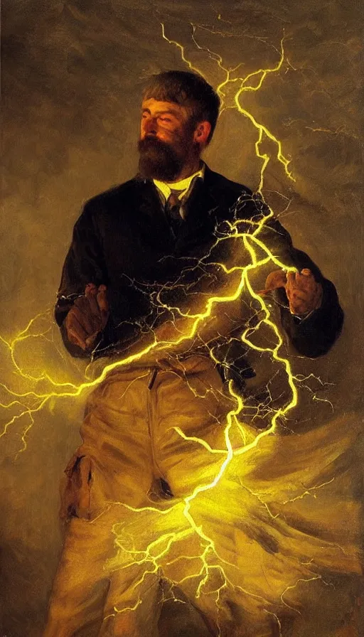 Prompt: still life painting of man getting struck by lightning, by Peder Krøyer, party, golden hour, dramatic lighting, epic, gargantuan, intricate detail, canvas print