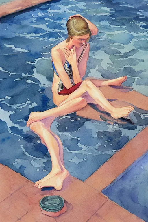 Image similar to watercolor painting of a woman on the poolside, looking down at water on her hands and feet, in the style of the birds of america illustrated by marc simonetti.