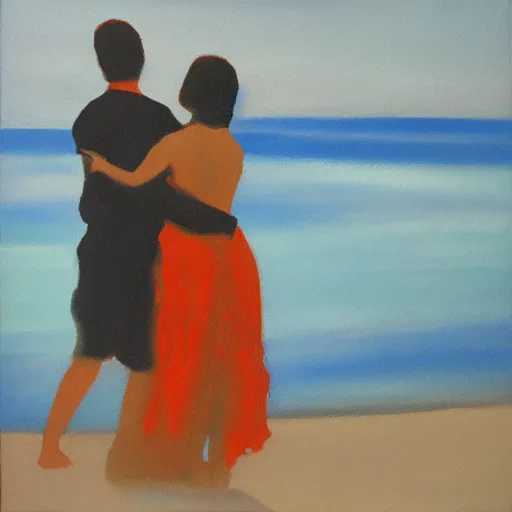 Prompt: silhouette of a couple hugging on a beach, blue tint, expressionist, oil on canvas