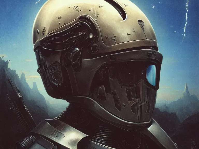 Image similar to a detailed profile painting of a bounty hunter in armour and visor, cinematic sci-fi poster. Spaceship high in the background. Flight suit, anatomy portrait symmetrical and science fiction theme with lightning, aurora lighting clouds and stars. Clean and minimal design by beksinski carl spitzweg and tuomas korpi. baroque elements. baroque element. intricate artwork by caravaggio. Oil painting. Trending on artstation. 8k