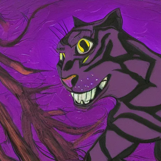 Prompt: closeup of a purple panther roaring at the moon in the forest. night. large moon in the center. detailed eyes. sharp teeth. cinematic. painting. concept art. rustic. gritty.