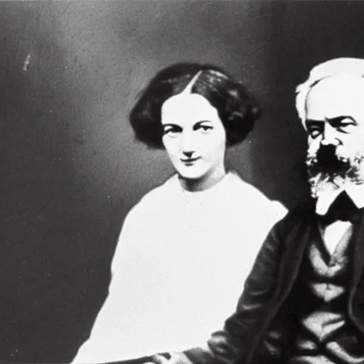 Image similar to Karl Marx and Ayn Rand marrying, wedding photo, 1920, Church altar backround