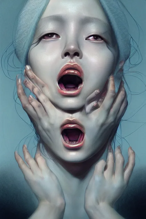 Prompt: hyperrealistic photography of a gorgeous girl staring at her hands and screaming in the style of jin kagetsu, james jean, chris cunninham, hans bellmer and wlop, highly detailed, face symmetry, masterpiece, award - winning, sharp focus, intricate concept art, ambient lighting, 8 k, artstation