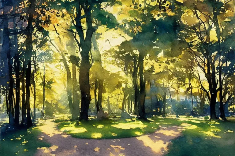 Prompt: small centered on watercolor paper, paint brush strokes, abstract watercolor painting of royal park, daylight, shadows, covering foliage over luxurious pathway, sunlight shining through, translucent leaves, cinematic light, national romanticism by hans dahl, by jesper ejsing, by anders zorn, by greg rutkowski, by greg manchess, by tyler edlin