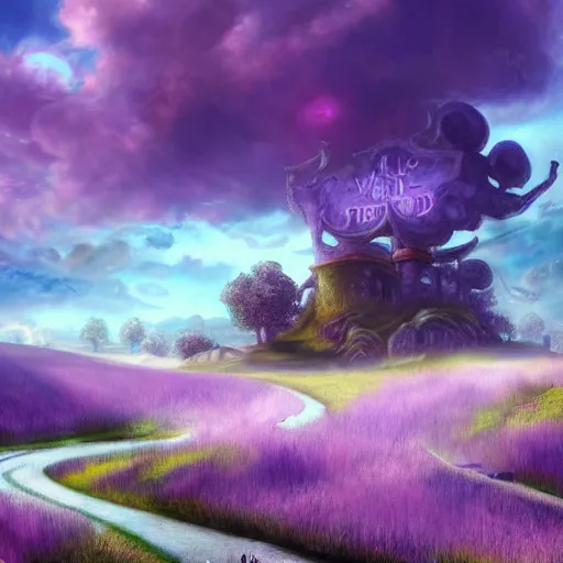 Image similar to landscape of an alice and wonderland themed landscape, purple clouds look the sky, dynamic lighting, fantasy concept art, trending on art station, stunning visuals, creative, cinematic, ultra detailed