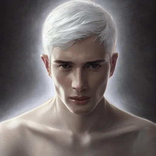 Image similar to ultra realistic illustration, young man with gray skin, short white hair, intricate, with dark clothes, elegant, highly detailed, digital painting, artstation, concept art, smooth, sharp focus, illustration, art by artgerm and greg rutkowski and alphonse mucha