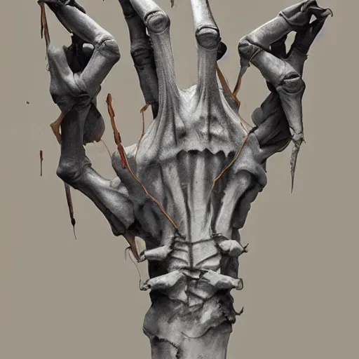 Prompt: A beautiful pale human hand holding a wretched skeleton hand, vertical symmetry, detailed hands, detailed skeleton hands, beautiful moody artwork by Greg Rutkowski and Asher Duran