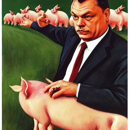 Prompt: highly detailed propaganda poster portrait of the leader of fascist hungary, viktor orban participating in a traditional pig slaughter, painted by edward hopper