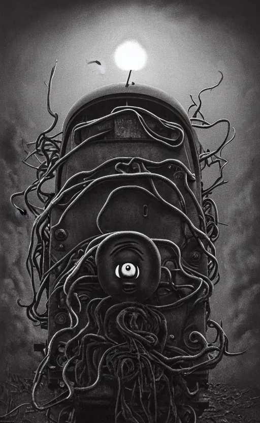 Image similar to thomas the tank engine in style of zdzisław beksinski, extremely dramatic lighting, 8 k, tendrils, black, darkness, black slime tendrils, infected, rust, body horror, thomas the train, thomas the tank engine face, horror,