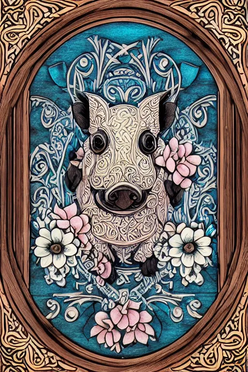 Image similar to Painted dark-wood panel relief carving of a close up of a Flowerpunk Piglet, White and pale blue toned, ornate border frame, explosion of colorful flowers, dark wood, intricately carved, black ink, festival of rich colors, intricate details, cinematic lighting, volumetric lighting, post-processing, art nouveau, tarot, fractal art, mandala, by andreas rocha and john howe, and Martin Johnson Heade, featured on artstation, featured on behance, golden ratio, hyper detailed, photorealistic, epic composition, center spotlight, f32, well composed, symmetrical, UE5, 8k