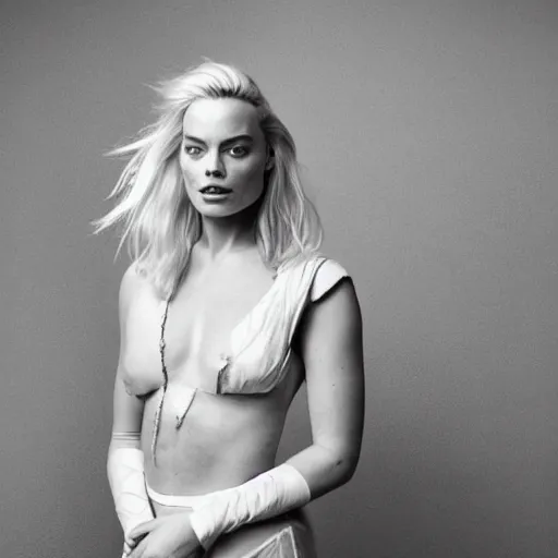 Image similar to photo of margot robbie as a paladin, full platinum blond, bleached eyebrows, pale skin, freckle, by vivian maier, realistic, high detail, high quality, trending on pinteresst