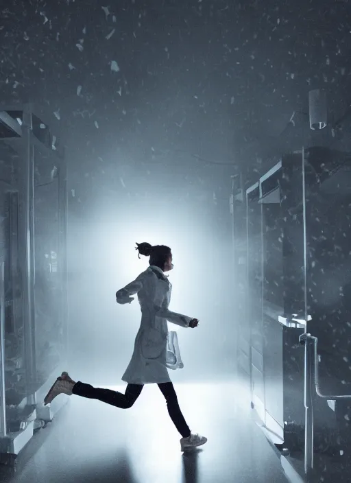 Prompt: a stock photo of a halloween female scientist open lab coat running from a monster in a lab, wide shot, 2 4 mm lens, cinematic lighting, volumetric fog, iso 8 0 0, shallow depth of field, horror movie, award winning