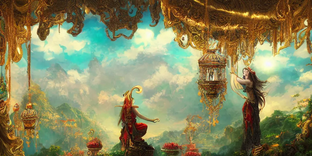 Image similar to painting of a wind god enjoying the view from his ornate heavenly palace, decorated with windchimes and paper lanterns, stunning green nature in background, digital art trending on artstation