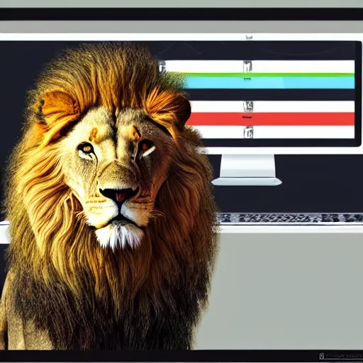 Image similar to Lion at computer, trading stocks, candle stick chart on screen, digital art, realistic, trending on artstation