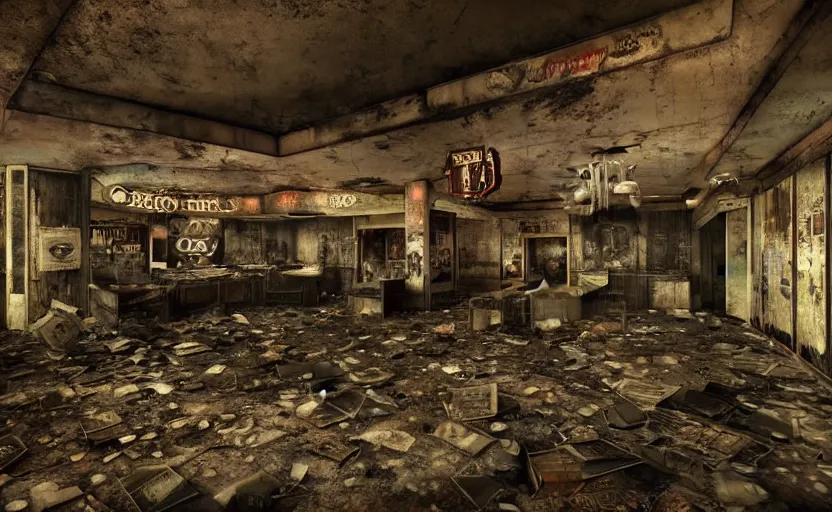 Image similar to horror photography of the rundown ruins of a 5 0 s bar in a tacky casino in fallout new vegas by lori nix