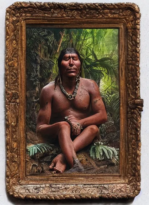 Prompt: a beautiful portrait of an indigenous man sitting in the jungle, taking tobacco snuff, praying with tobacco, mysterious atmosphere, fantasy art, matte painting, highly detailed
