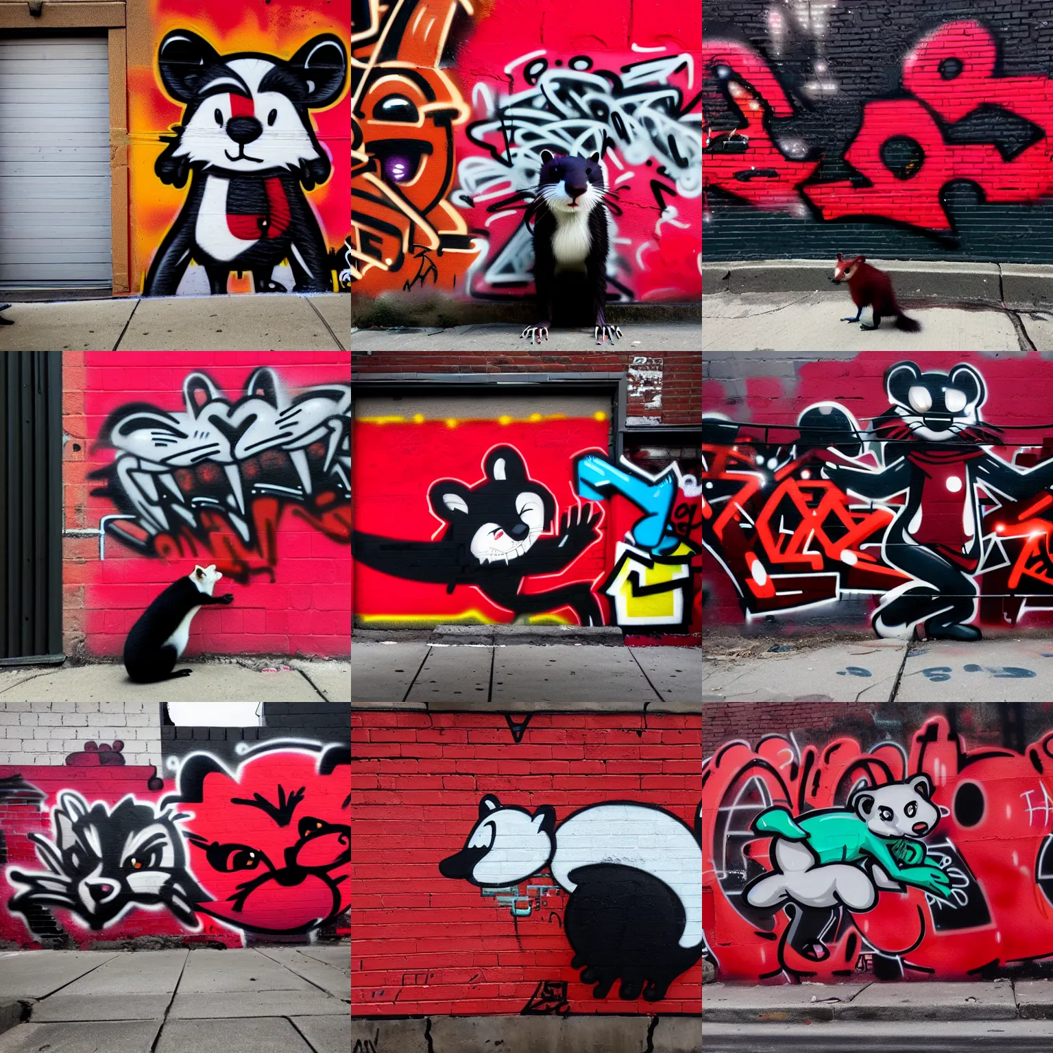 Prompt: photo [ far ], subject [ furry _ fandom _ fursona _ original _ character ( red - black _ fur _ palette, anthropomorphic _ furry, weasel - ferret - stoat ) ], medium [ graffiti, wall ], location [ chicago ( alley ) ]