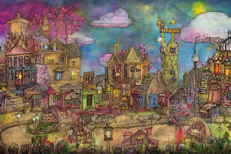 Image similar to a fantasy town, mixed media, whimsical,