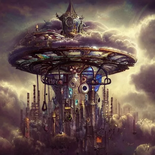 Image similar to flying city in a mechanical flower, clouds, sky, fantasy art, steampunk, masterpiece