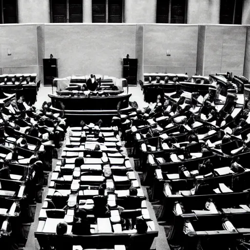Prompt: chaotic fight between politicians inside the parliamentary chambers, black and white photography, dynamic composition, sharp, strong light and dark contrast