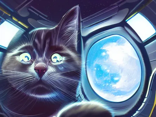 Prompt: cat in space station, digital painting, dramatic lighting, highly detailed, artstation, concept art