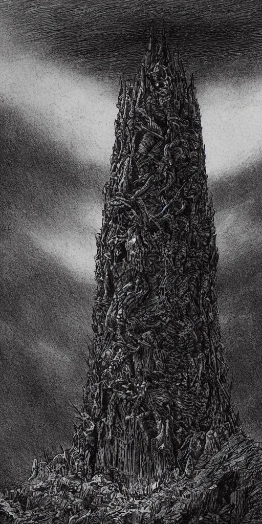 Prompt: a dark tower on a hill surrounded by a dark forest , high fantasy, drawn by Kentaro Miura