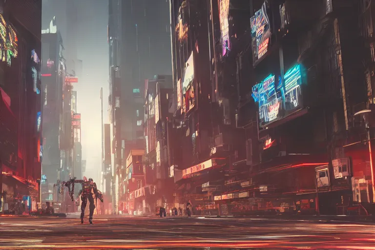 Prompt: professional photo of a cyberpunk mech on the busy streets of a dystopian futuristic city with pedestrians, 4k, octane render, Unreal Engine