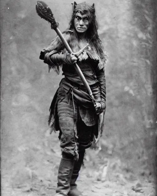 Image similar to female half orc with brown hair, melee weapons, leather clothing, photo by gertrude kasebier