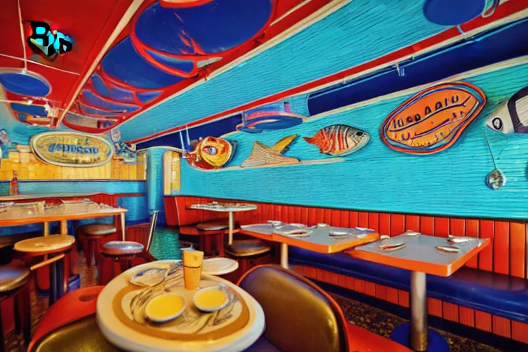 Image similar to 2 0 1 5 fish themed underwater american diner, googie architecture, two point perspective, americana, fishcore, restaurant interior photography, 8 5 mm, photo by jeff brouws