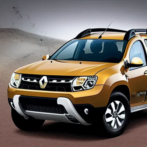 Image similar to Renault duster with tank turret instead of roof, hot desert