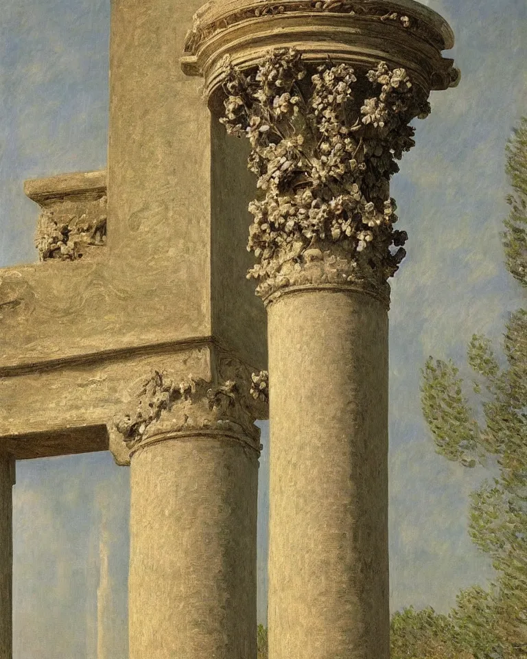 Prompt: achingly beautiful painting of intricate ancient roman corinthian capital on flat floral background by rene magritte, monet, and turner. piranesi.