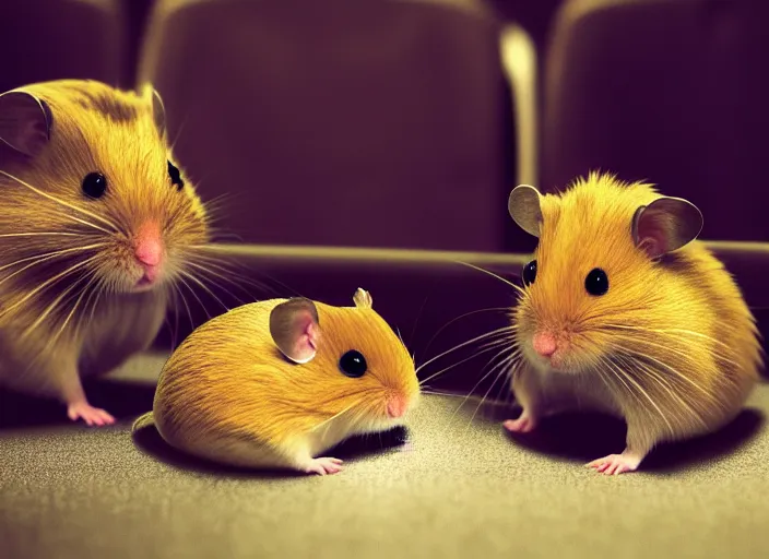 Image similar to hamsters in a cinema, movie still, cinematic, sharp focus, cinematic grain, cinematic lighting, 8 k