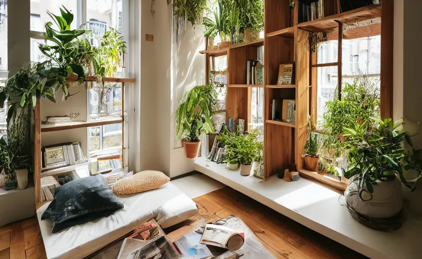 Image similar to interior desing magazine photo of a big window with a wooden frame to sit on, some sandy yellow pillows, there are some books on a small integrated shelf, hanging plants, great architecture, ambient light, 8k