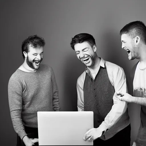 Image similar to several guys looking at a laptop screen laughing, colour photograph, studio light 35mm