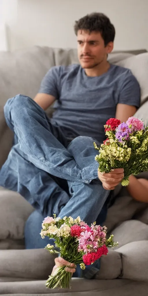 Prompt: a man sitting on the couch with a bunch of flowers in his hand