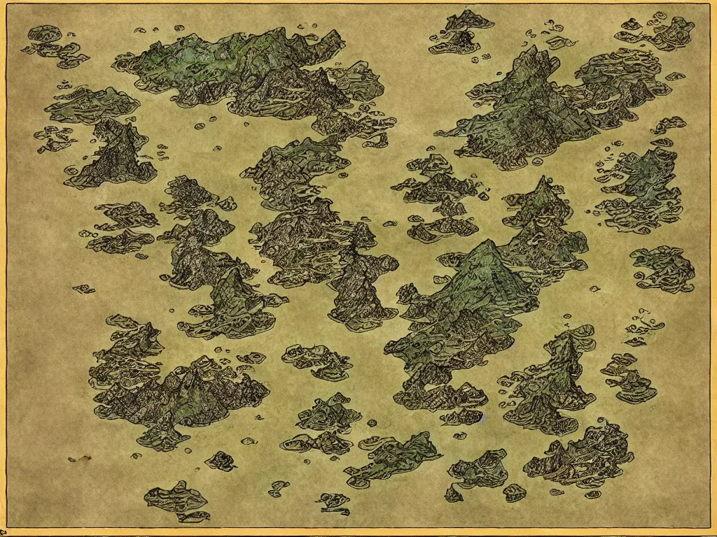 Image similar to an isometric fantasy map, the land of Odrua, uncluttered, bordered by ocean, continent with mountains lakes hills and cities, by brian froud by jrr tolkien in the dungeons and dragons and disney styles