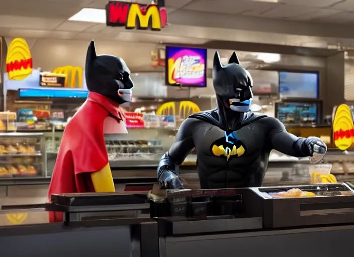 Image similar to film still of Batman working as a cashier at McDonalds in the new batman movie, 4k