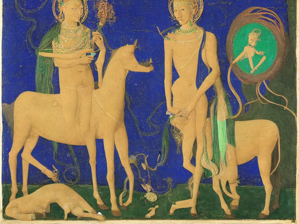 Image similar to Portrait of a Tantric deity with horse. Lapis Lazuli, malachite. Piero della Francesca, Balthus, Agnes Pelton