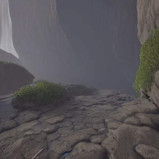 Image similar to pathway canyon in between mountains, mist, dark, unreal engine, high detail, realism, award winning, detailed lighting