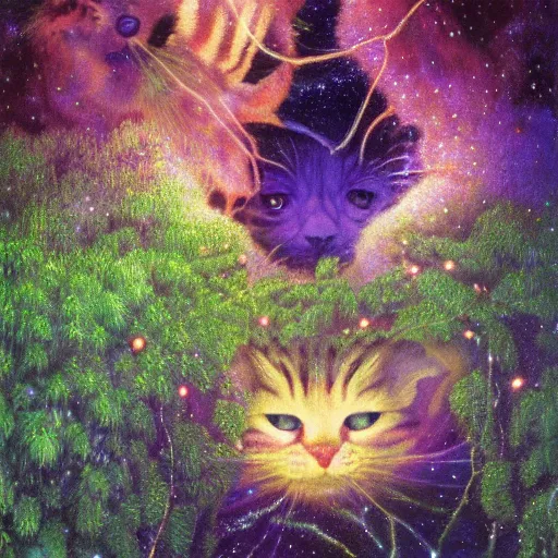 Image similar to psychedelic small cats hidden lush pine forest, outer space, milky way, designed by arnold bocklin, jules bastien - lepage, tarsila do amaral, wayne barlowe and gustave baumann, cheval michael, trending on artstation, star, sharp focus, colorful refracted sparkles and lines, soft light, 8 k 4 k