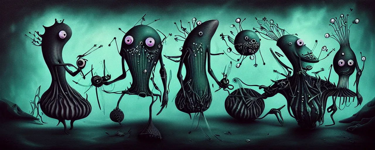 Image similar to whimsical alchemical plankton creatures, surreal dark uncanny painting by ronny khalil