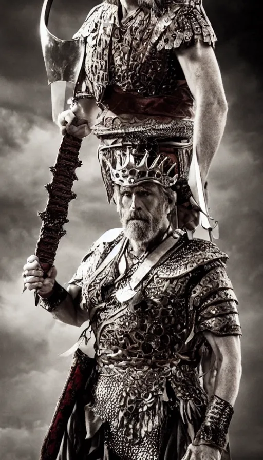 Image similar to hugh laurie as the warrior king, masculine, sweaty, intricate, dressed as a king ready for battle holding his great sword, various camera angles, heartthrob, hero, intricate, symmetrical features, full body, highly - detailed,