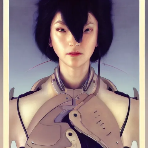 Image similar to Masterpiece head and shoulder portrait of Major Motoko Kusanagi from Ghost in the Shell drawn by Donato Giancola and Tom Bagshaw, face by Artgerm and Edmund Leighton, Alphonse Mucha, background by James Jean and Gustav Klimt, 4k, porcelain skin, komorebi, french nouveau, trending on pixiv, octane render, hyperrealistic