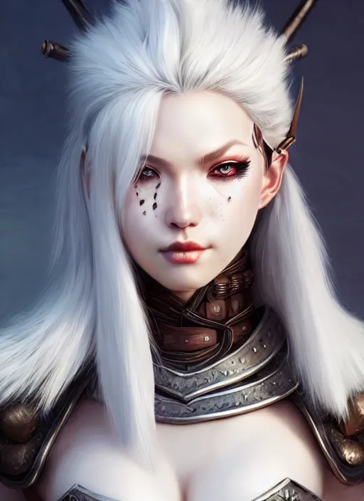 Image similar to barbarian, fur leather armor!!! beautiful and elegant white hair female!! gorgeous ayes!! character concept art, sharp focus, octane render! unreal engine 5! highly rendered!! trending on artstation!! detailed linework!! illustration by artgerm, wlop, and chie yoshii