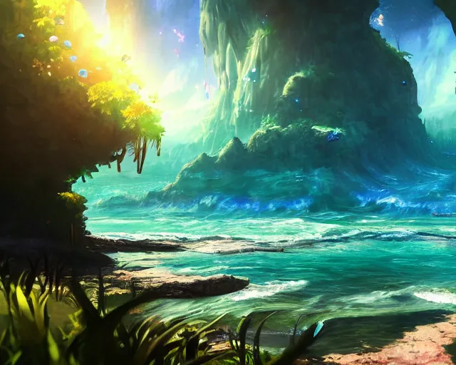 Image similar to scenery artwork, scene beautiful, light!! light essential underground ocean world atlantis and nature vegetation with daylight, surrealism oil on canvas, artstation!! pixiv!! dream scenery, quality astral projection render, nier automata concept art, vaporwave textures