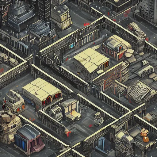 Prompt: an isometric view of an apocalyptic city